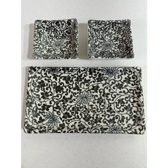 Kanesada Salt Glaze Stoneware Set Sushi Plate Sauce Bowls Black Floral Filagree